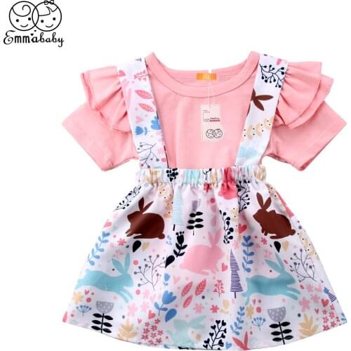 Cute Girl Outfit Summer Short Sleeve Ruffle Pink Cotton Top T-Shirt Bunny Suspender Kid Dress Fashion Baby Girl Clothes Set