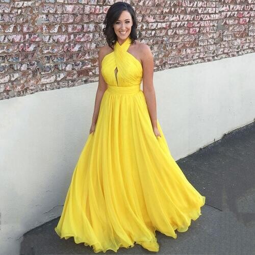 Sevintage 2020 Simples Halter Chiffon Celebrity Dress A-Line Pleated Criss Cross Long Formal Prom Dress Abendkleider