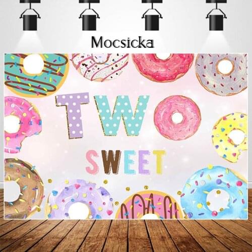 Two Sweet Donuts Backdrop Happy 2th Birthday Party Photography Background Girl Birthday Party Cake Table Decorations Prop