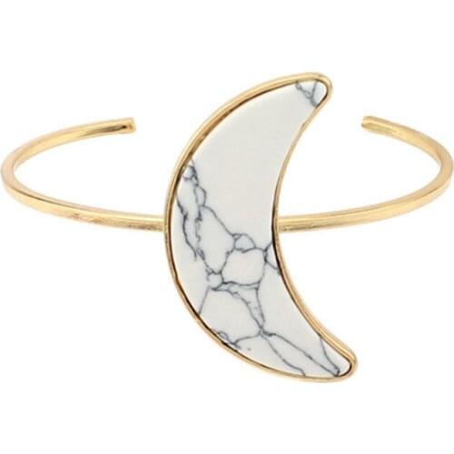 FYSL Light Yellow Gold Color Crescent Moon White Howlite Stone Open Bangle Red Turquoises Jewelry