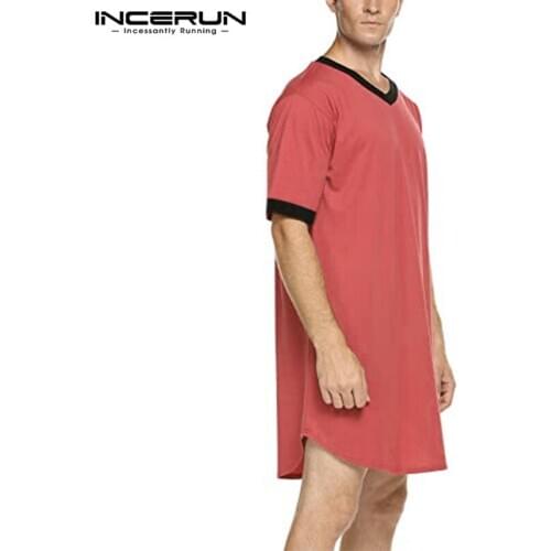 INCERUN Mens Nightgown Fashion Patchwork Sleep Robe Solid Color Sleepwear Short Sleeve Bathrobe Loose V Neck Nightwear Plus Size