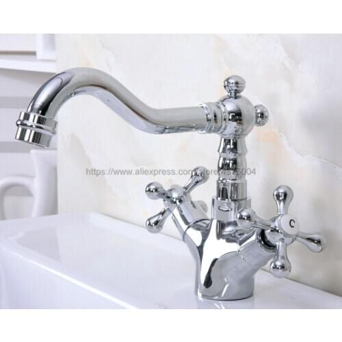 Chrome Bathroom Sink Faucet Basin Mixer Tap Double Cross Head Handle Single Hole Hot and Cold Water Nnf918