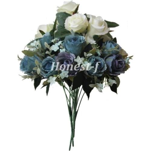 Artificial Multi-Coloured Rose Silk Flowers Bounquet Mixed Arrangement, Home Hotel Room Wedding Decoration(White And Blue)
