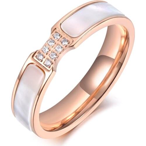 Trendy Design Rose Gold CZ Crystal Rhinestone Titanium Steel Shell Wedding Rings For Women Engagement Gifts R19062