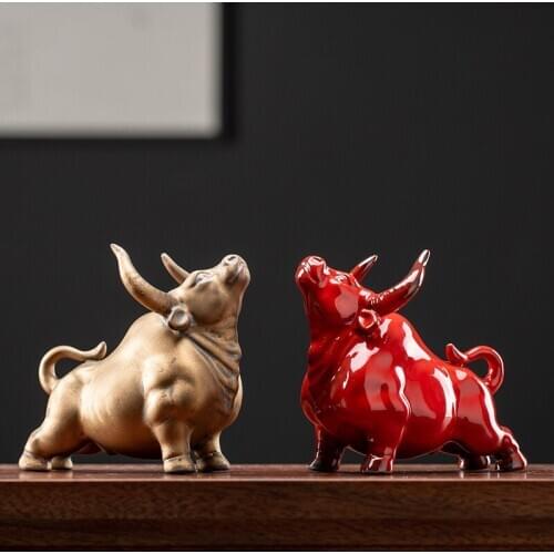 Creative Ceramic Red Cattle Figurines Ornaments Home Decoration OX Statue Living Room Office Desktop Animal Figures Decor