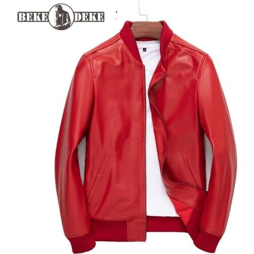 Spring Autumn Mens Genuine Leather Bomber Jacket Long Sleeve Stand Collar Casual Coats Male Natural Sheepskin Jackets Plus Size