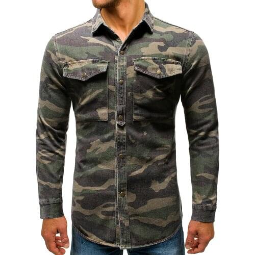 Fashion Mens Cargo Shirts Patchwork Pockets Camouflage Slim Fit Long Sleeve Shirts Camo Outwear For Male