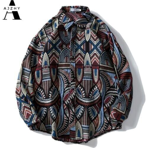 AJZHY Mens Shirt Thick National Style Knitted Geometric Button Shirts Autumn Winter Harajuku Casual Long Sleeve Streetwear 2020