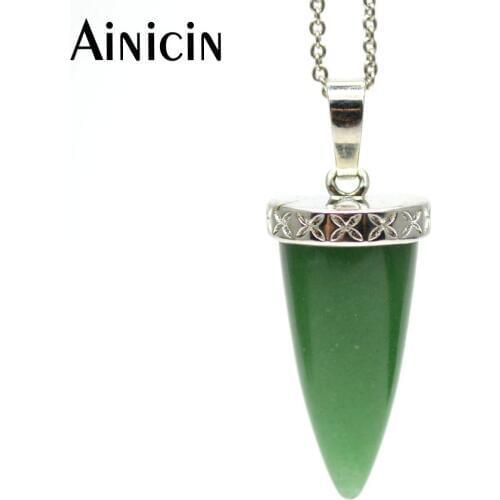 5pc Cheap Fashion Women Jewelry Bullet Shape Green Aventurine Pendant Silver Chain Necklace