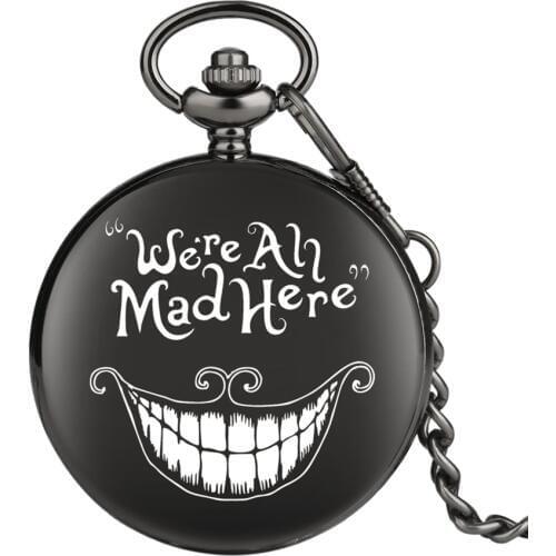 Accept Customized Alice in Wonderland We're All Mad Here Quartz Pocket Watch Black Chain Pendant Gift for Men Women Dropshipping