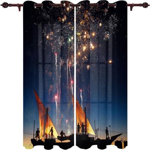 Boat Night View Fireworks Valance Curtains For Living Room Study Youth Bedroom Kitchen Outdoor Windows Custom Cotton Linen