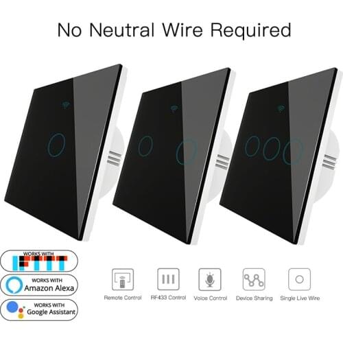 WiFi Smart Wall Switch No Neutral Wire Needed Wireless Smart Life Tuya Remote Control Single Fire Work With Alexa RF433 Black