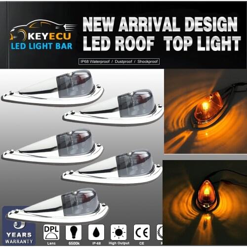 KEYECU 5X Truck Semi-trailer Chrome Base Smoke Lens Cab Roof Top Light Amber LED Bulbs Universal for Trucks, trailers, tractors
