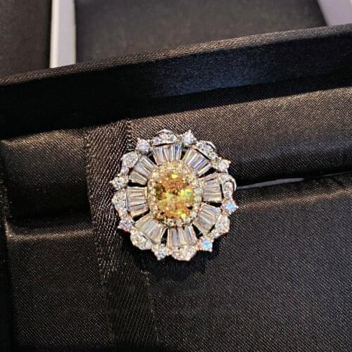 High Quality Retro Citrine Flower 925 Sterling Silver Charm Exaggerated Yellow Zircon Rings for Women Wedding Engagement Jewelry