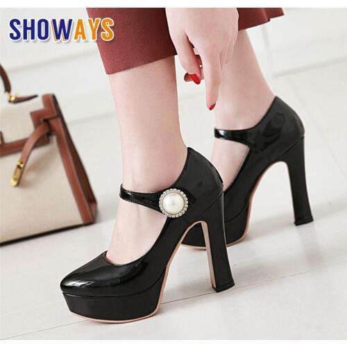 Women Platform Sandals High Chunky Heels Pointed Toe Pearl Mary Jane Black White Patent Leather Wedding Dress Office Lady Shoes