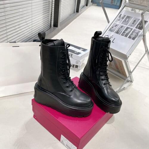 New Wedges Heels Fall Winter Women Boots Lace-up Round Toe Ankle Boots Genuine Leather Boots For Woman 2021 Ins Hot Women Shoes