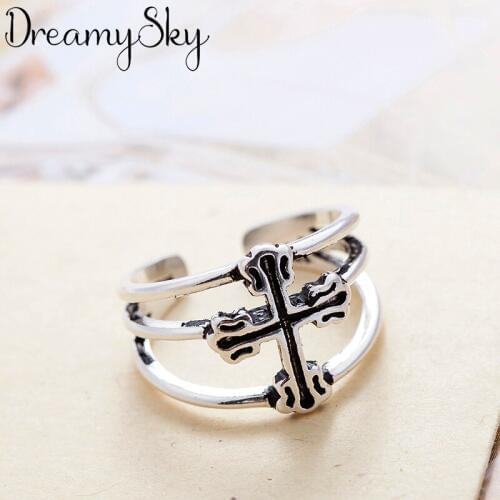 DreamySky Boho Silver Color Cross Rings for Women Jewelry Retro Big Antique Rings Girls Christmas Gifts Anillos