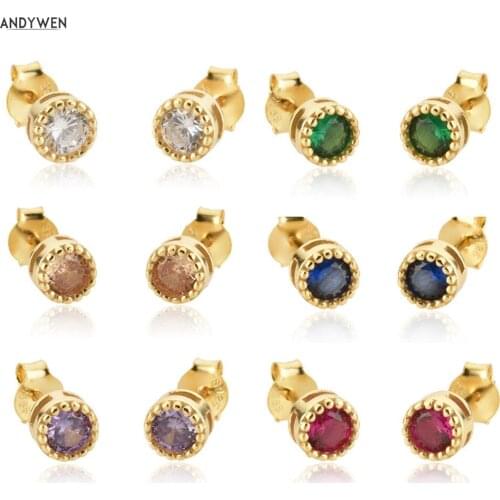 ANDYWEN 925 Sterling Silver 12 Colors Round Zircon CZ Charm Stud Earring Women Piercing Pendiente Luxury Jewelry Gift Clips