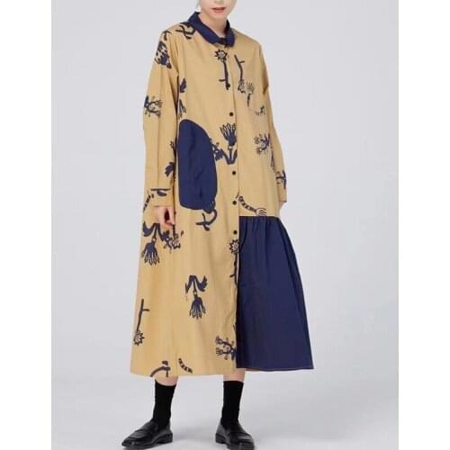 Hiphop Streetwear Women Shirt Dress Fashion Vintage Print Stitching Single-Breasted Lady Loose Long Blouse 2021new Блузка платьe