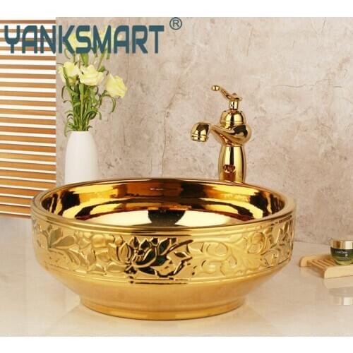 Bathroom Basin Sink Golden Ceramic Lavatory Bathroom Tap Washbasin Basin Sink Set Bath Combine Solid Brass Mixer Faucet Set