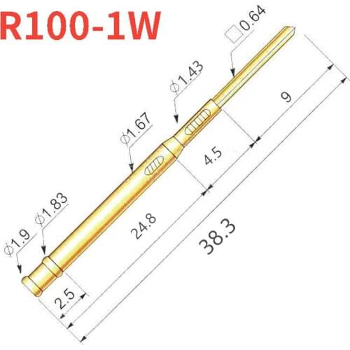 100PCS/package R100-1W Test Needle Sleeve Outer Diameter 1.67mm Length 38.3mm Brass Spring Test Probe Industrial Instrument Tool