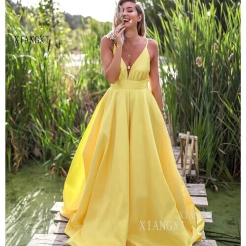 Yellow Spaghetti Straps A-line Deep V-neck Backless Satin Long Prom Dresses