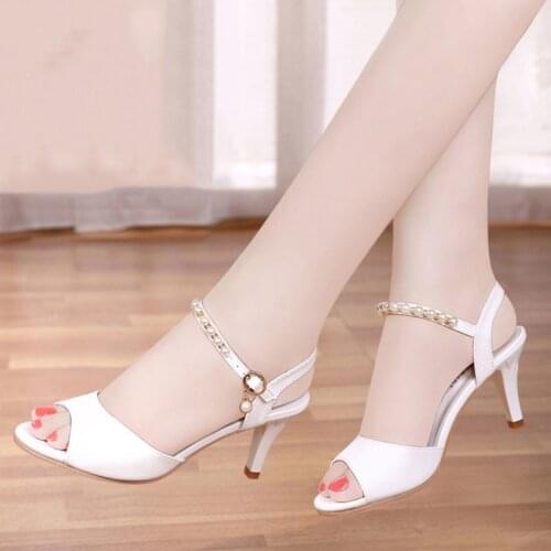 String Bead Genuine Leather Heels Designer Sandals Luxury 2021Summer Shoes For Women Fashion Buckle Strap Peep-Toe Party Shoes
