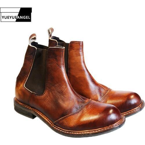 2020 Vintage Real Leather Classic Chelsea Boots Men Handmade Slip On Ankle Boots Autumn Round Toe High Top Safety Shoes Couple