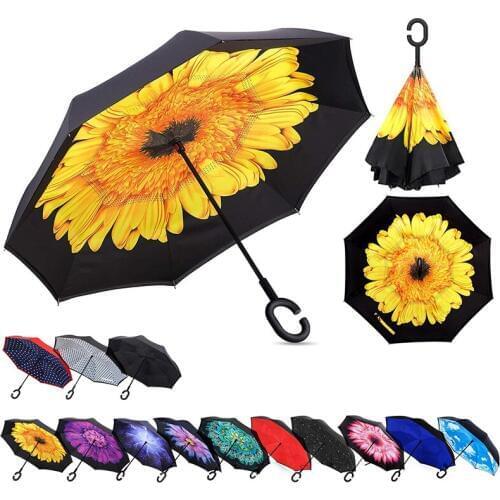 Ceiourich Double Layer Reverse Umbrellas Push Button Women Men Long Handle Windproof Customizable Umbrella