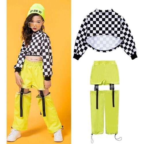 Kids Hip Hop Clothing Black White Plaid Sweatshirt Crop Tops Hollow Casual Pant For Girls Jazz Dance Clothe Street Stage Outfits