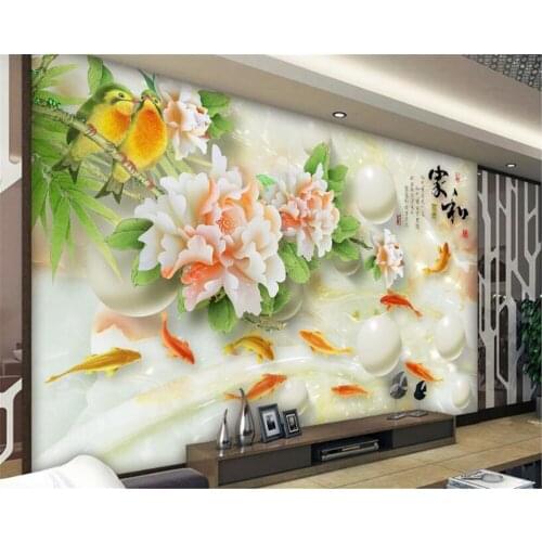 Beibehang Fine decorative painting 3d wallpaper jade carving Peony nine fish Figure jade carving background wall papel de parede