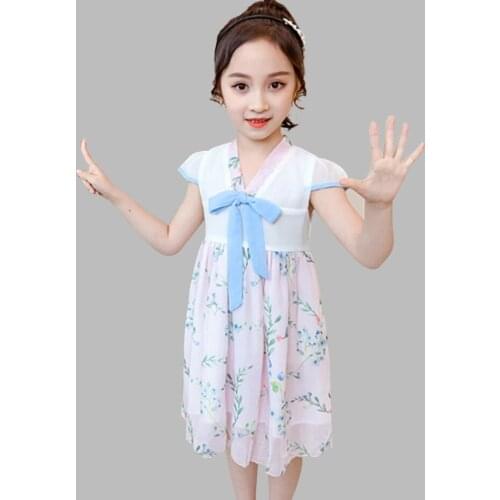 Girl Summer Dress Floral Pattern Girls Party Dress V Neck Party Dress For Children Chinese Style Clothes Girl