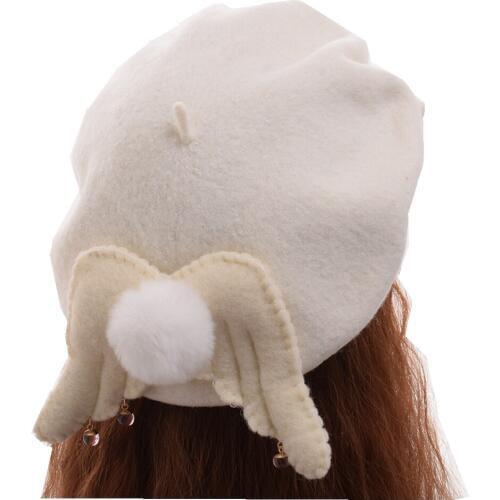 Cute Girls Lolita Beret Wool Blend Plush Ball Wings Hat Winter Gift