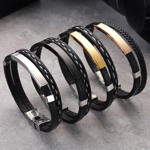 Multi Layer Leather Bracelets for Men Women Customizable Engraving Stainless Steel Casual Personalized Bangle