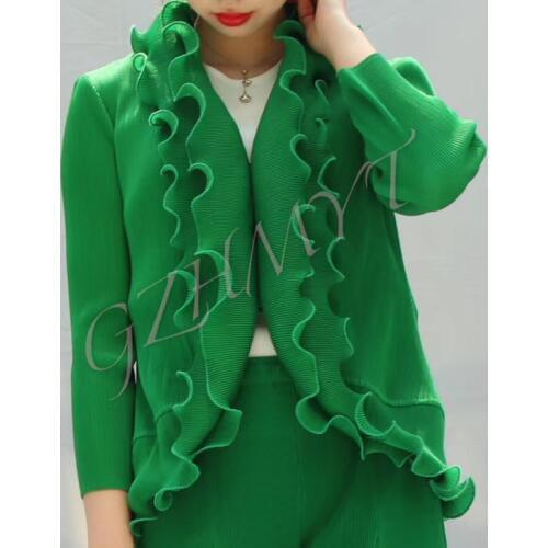HOT SELLING Miyake Fashionable joker fold long sleeve pure color coat Lotus leaf collar coat IN STOCK