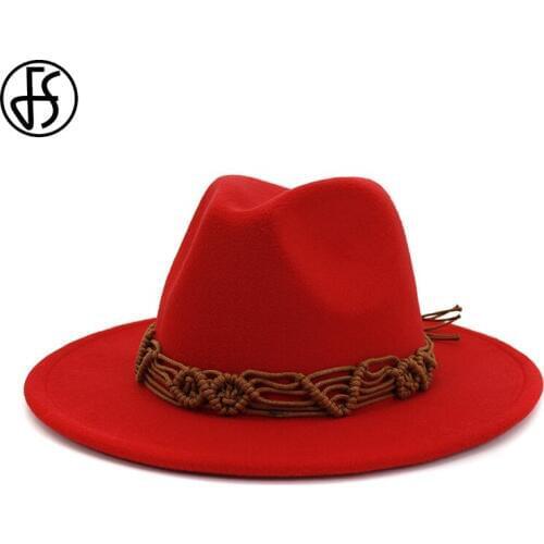 FS Summer Men Wool Fedora Hat Wide Brim Felt Formal Bowler Cap For Women Red Army Green Yellow Jazz Hats Bonnet Magique Femme