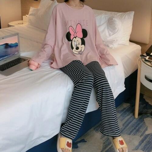 2021 New Autumn Winter Minnie Mouse Sleepwear Pajama Sets for Women Long Sleeve Top and Striped Pants Suit Ladies Homewear Fall
