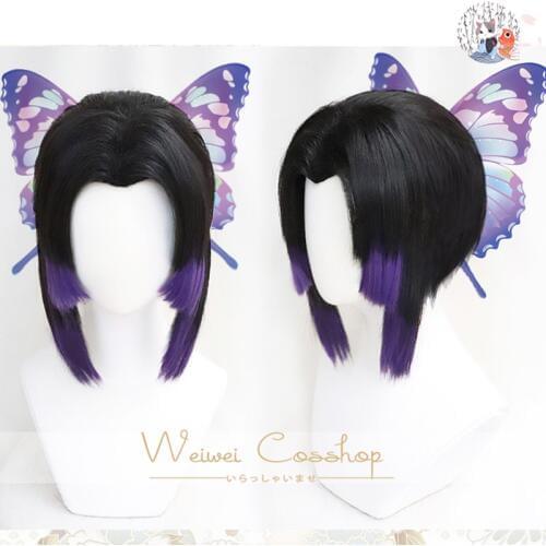 Japan Anime Demon Slayer: Kimetsu no Yaiba Kochou Shinobu Cosplay Wig Kochou Shinobu Purple Black Hair Wig Costumes + Hairpin