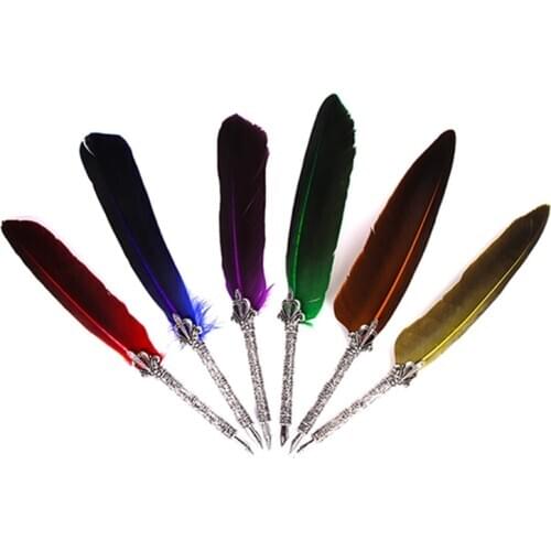 1 Set Feather Dip Fountain Pen With 5pcs Carved Metal Nib Stationery Set For Student Gift