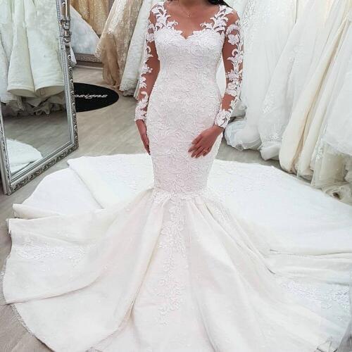 Sexy Wedding Dress Mermaid V-neck Long Sleeve Satin Lace Beading Appliques 2021 New Design Bridal Dress Custom Made SH29