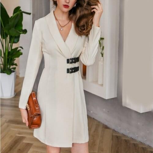 Women sexy v-neck female casual white dress autumn winter long sleeve solid white elegant party office dress female