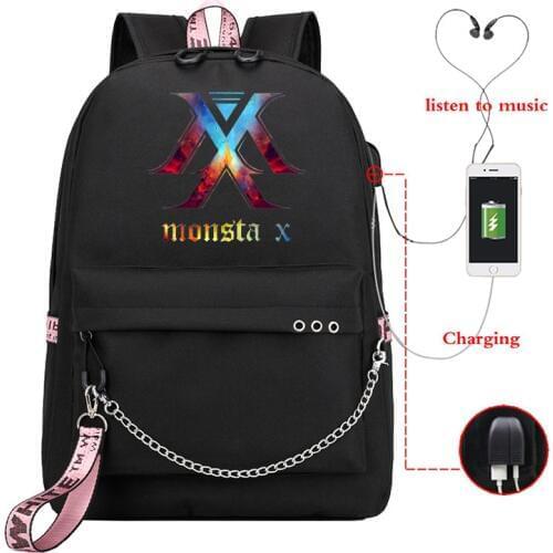 MONSTA X Backpack Usb Charging School Bag Kpop Style Girls Children Students Vintage Designer Travel Bags for Laptop Bagpack