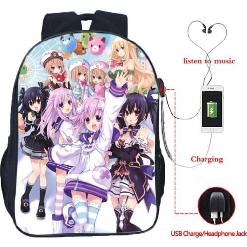 Kawaii Hyperdimension Neptunia Backpack Boys Girls SchoolBags Bookbag USB Charging Knapsack Laptop Rucksack Women Causal Bagpack
