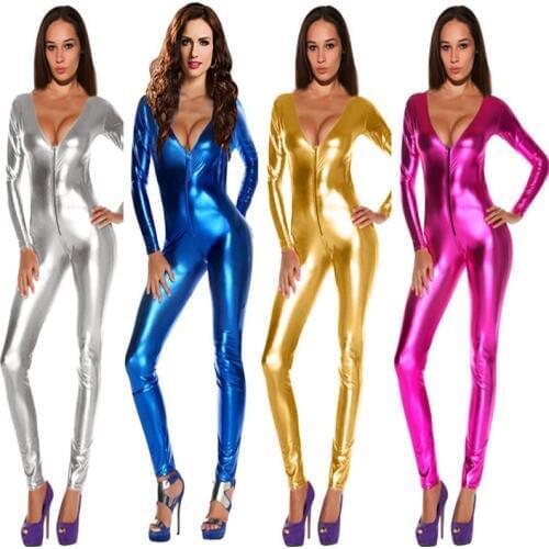 Sexy V Neck Shiny Gold Jumpsuit For Women Faux Leather Bodysuit Zipper Open Crotch Erotic Latex Catsuits Night Culb Dance Wear