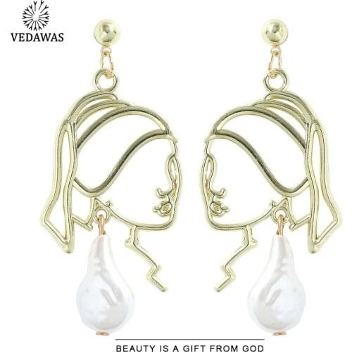 Vedawas Fashion Face Girl Pearl Drop Earrings for Women Korean Cute Gold Silver Color Hanging Pendant Earrings Holiday Jewelry