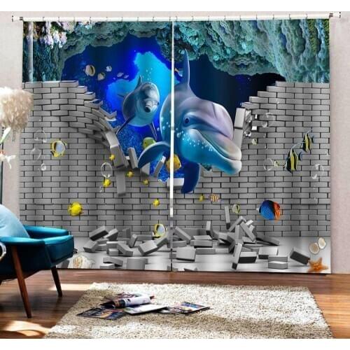Grey brick blue ocean dolphin 3d curtains new window balcony thickened windshield blackout curtains