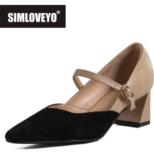 SIMLOVEYO New 2021 Women Pumps Square Toe 5cm Block Heels Genuine Leather Patchwork Buckle Classic Big Size 33-40 Casual B2474