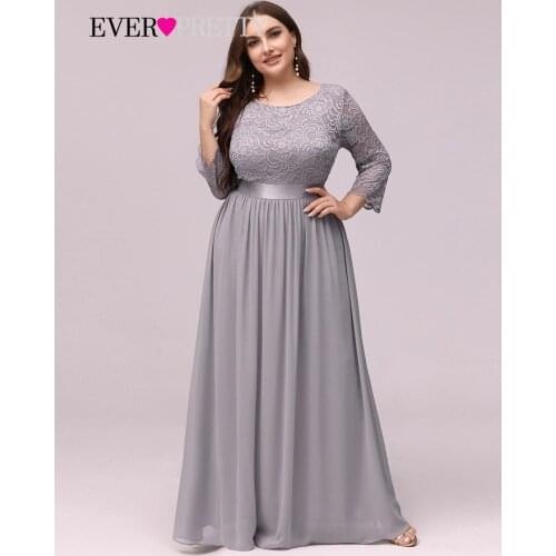 Plus Size Evening Dresses Long Ever Pretty EP07412 Elegant Long Sleeve A-line Lace Chiffon Gray Winter Wedding Guest Dresse