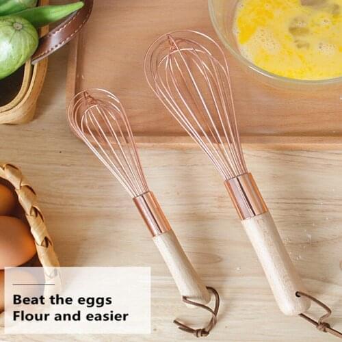 Whisk With Wooden Handle Stainless Steel Rose Gold Whisk Wooden Handle Mixer Flour Batter Mixing Kitchen Baking Egg Tools
