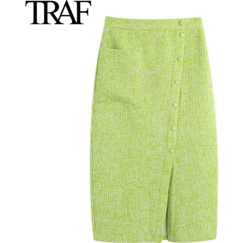 Traf Za Women Fashion Vintage Breasted High Waist Pencil Skirt Chic Office Lady Tweed MIDI Skirts Mujer Faldas